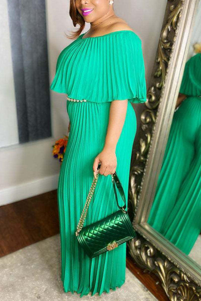 Plus Size Casual Off The Shoulder Pleated Loose Wide Leg Jumpsuits