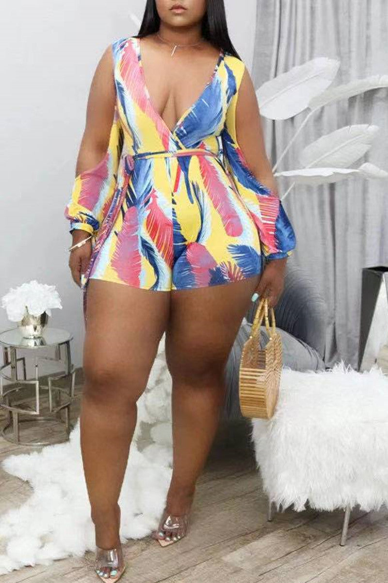 Plus Size Romper Print Hollowed Out V Neck