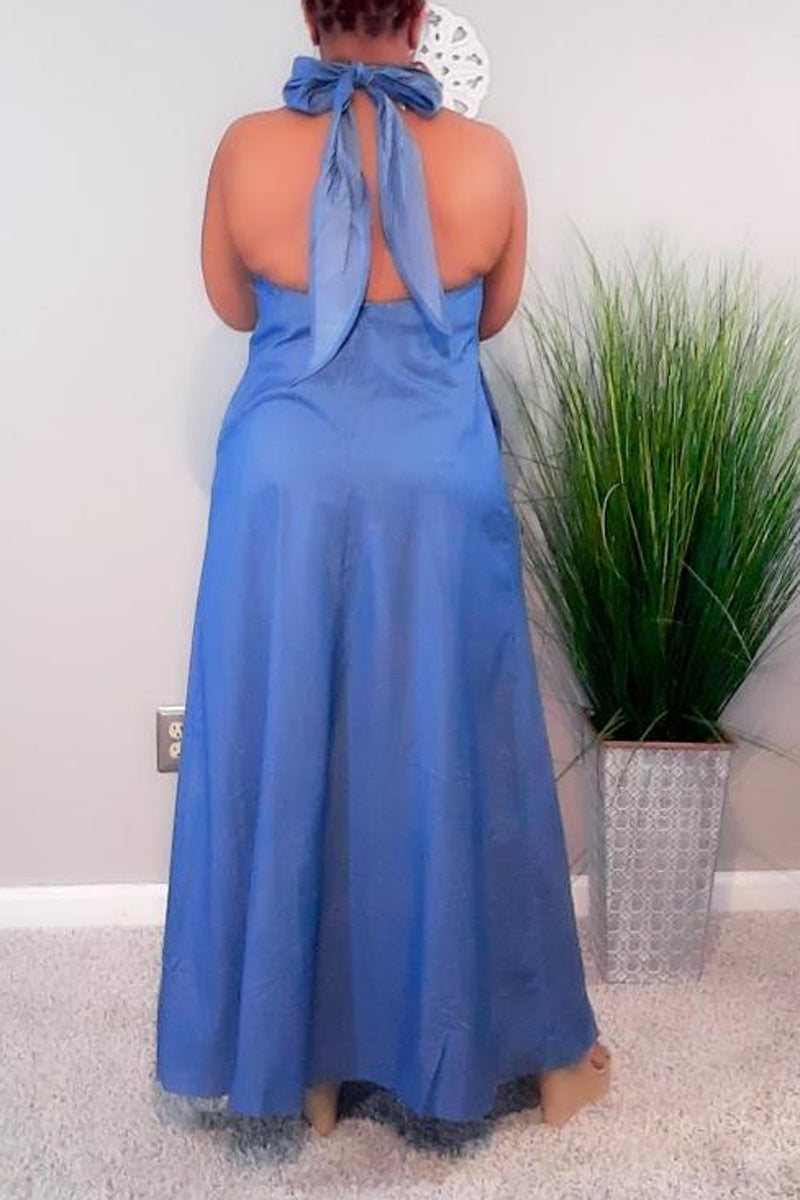 Plus Size V Neck Backless Blue Denim Floor Length Maxi Dress